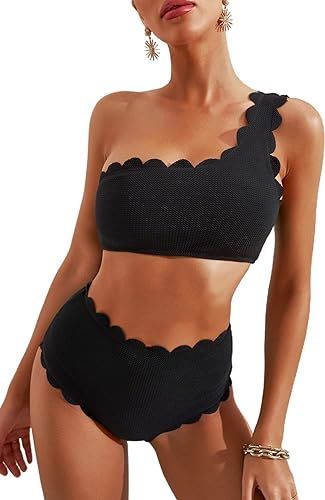 Aleumdr Womens Vintage High Waisted Two Pieces Scalloped Trim One Shoulder Bikini Bathing Suit | Amazon (US)