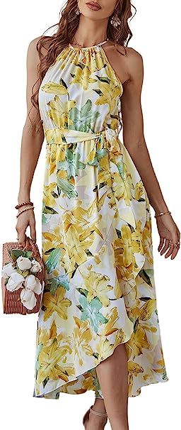 Fesier Women's Boho Halter Neck Floral Print Long Maxi Dress Sleeveless Split Ruffle Swing Beach ... | Amazon (US)