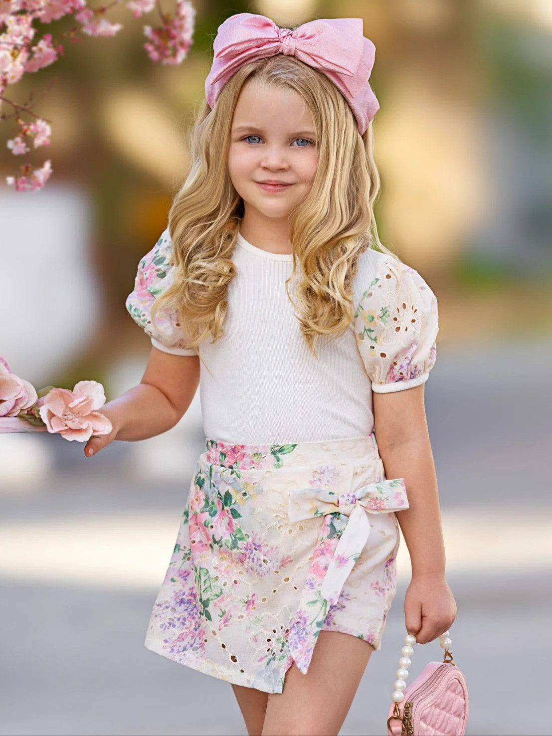 Ivory Floral Puff Sleeve Top and Eyelet Wrap Skort Set | Mia Belle Girls