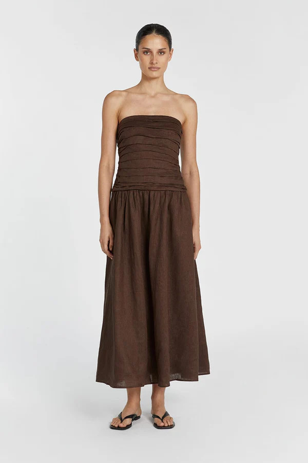 CATANIA BITTER CHOC LINEN STRAPLESS MIDI DRESS | DISSH