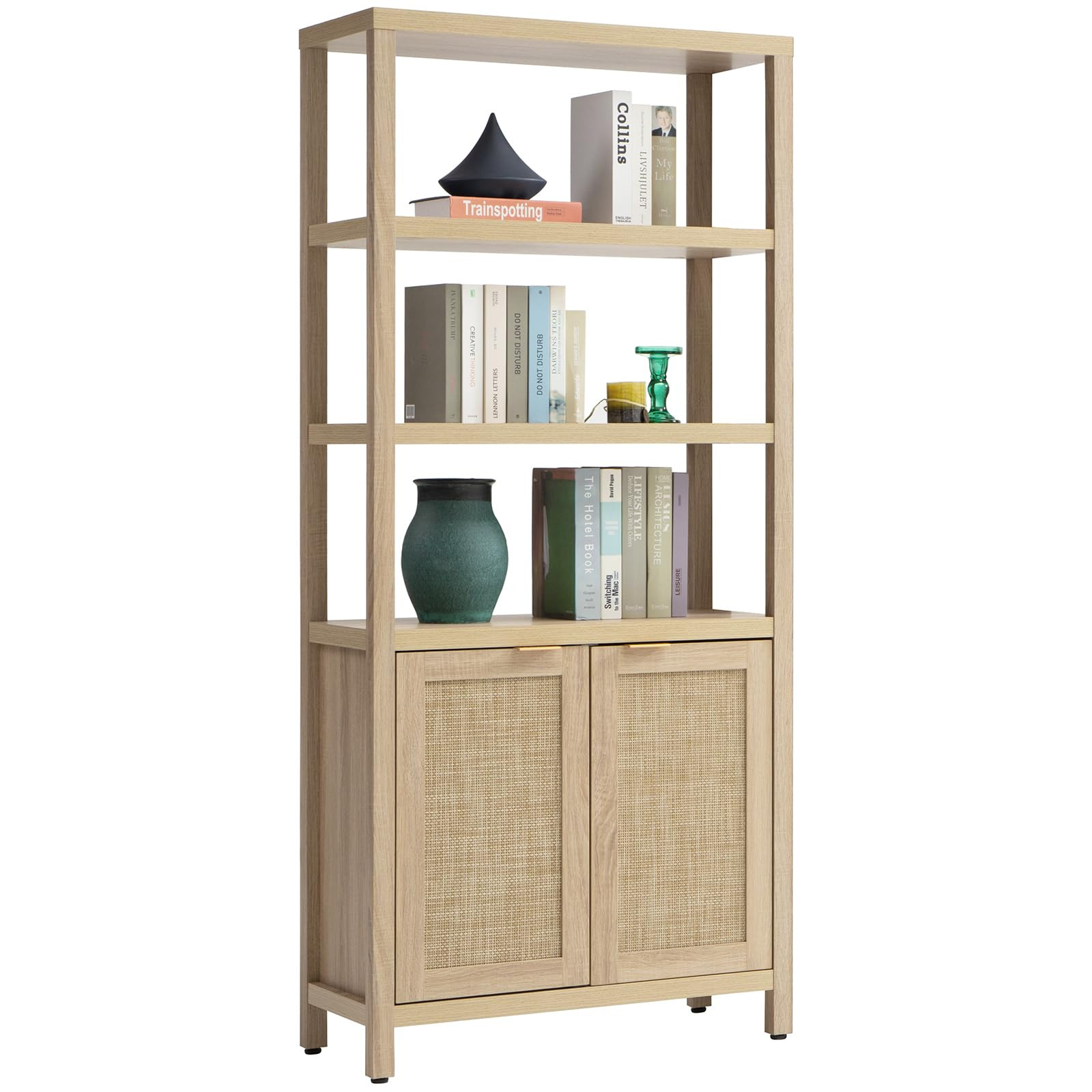 SICOTAS Bookshelf 5 Tier Book Shelf Rattan Boho 71" Tall Bookcase with Doors Storage Shelves Larg... | Amazon (US)