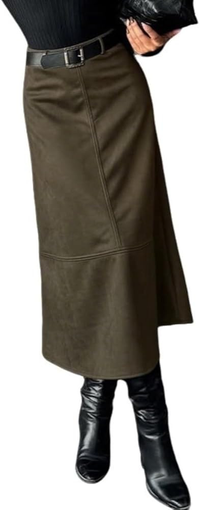 CHARTOU Women Long Faux Suede Leather Skirt Fall Vintage Patchwork High Waist Straight A Line Ski... | Amazon (US)