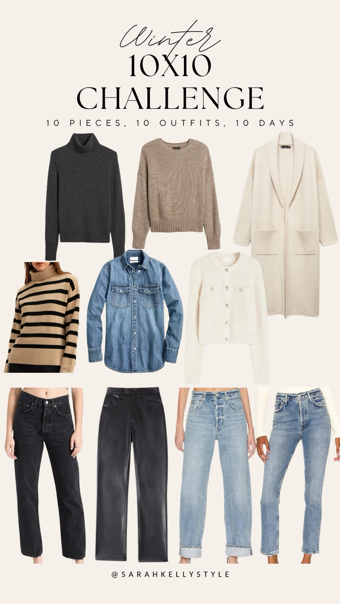 Winter 10x10 Challenge - 10 pieces, 10 outfits, 10 days - Wide Leg Jeans, High Rise Straight Jeans, Vegan Leather Straight Pants, Bouclé Cardigan, Oversized Wool-Cotton Sweater, Lightweight Cashmere Turtleneck Sweater, Mid Rise Straight Jeans, Stripe Sweater, Oversized Knitted Coat, Chambray Shirt

#LTKstyletip #LTKSeasonal #LTKover40