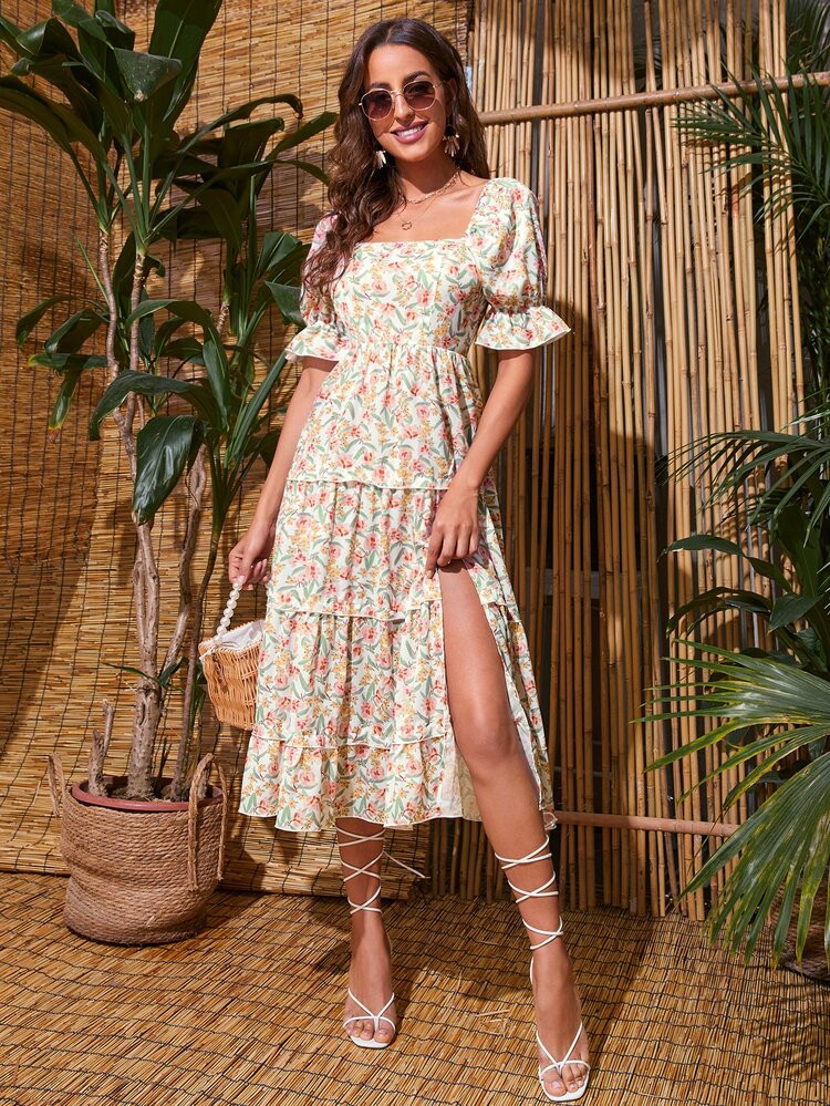 SHEIN Floral Print Flounce Sleeve Split Thigh Dress | SHEIN