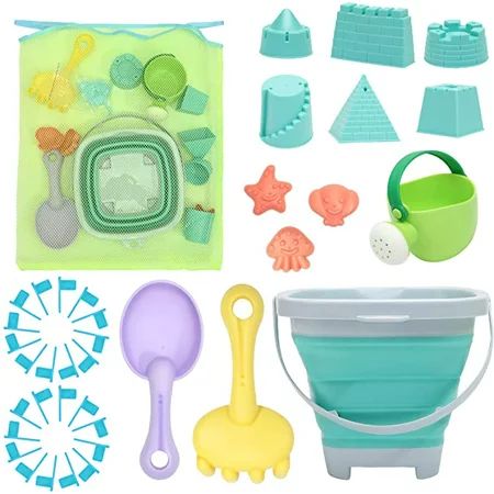 Beach Toys Sand Toys Set for Kids Collapsible Sand Bucket and Shovels Set with Mesh Bag Sand Molds W | Walmart (US)