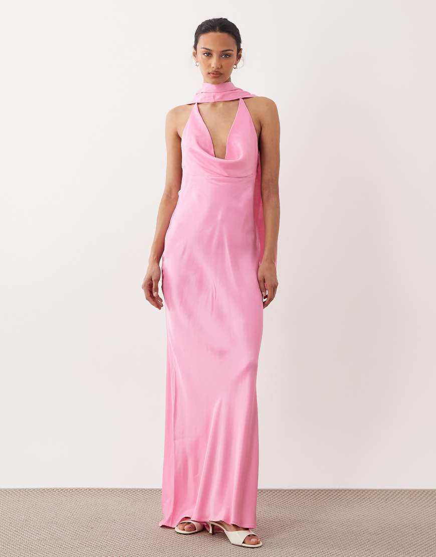 ASOS DESIGN satin cowl neck scarf maxi dress in-Pink | ASOS (Global)