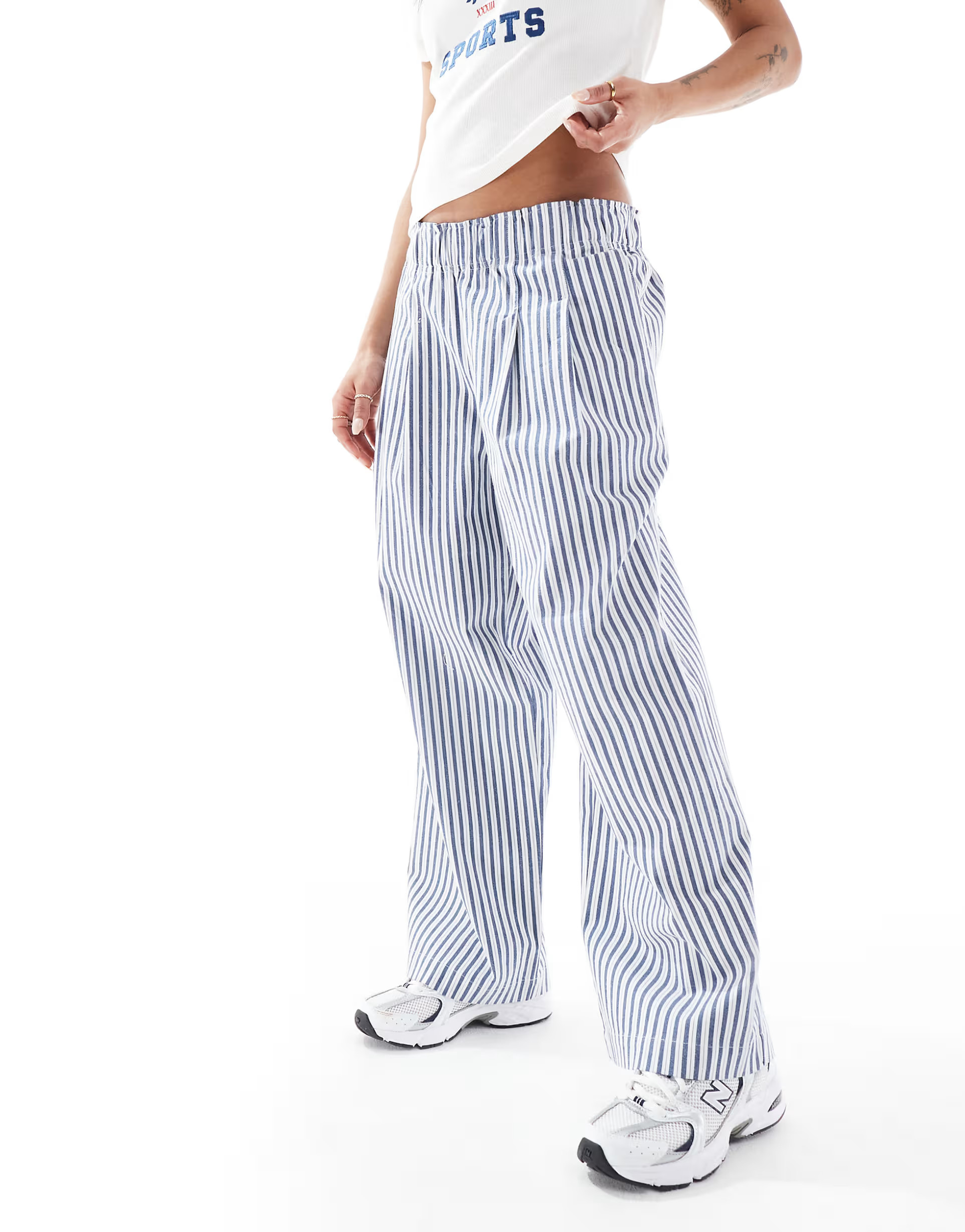 ASOS DESIGN Petite exaggerated pull on wide leg trouser in blue stripe | ASOS (Global)