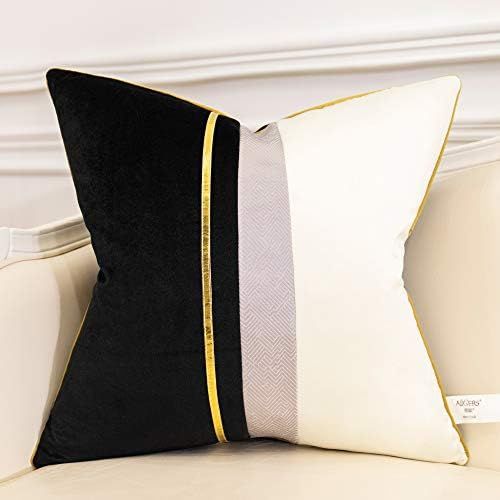 Avigers 20 x 20 Inches Black White Gold Leather Striped Patchwork Velvet Cushion Case Luxury Modern  | Amazon (US)