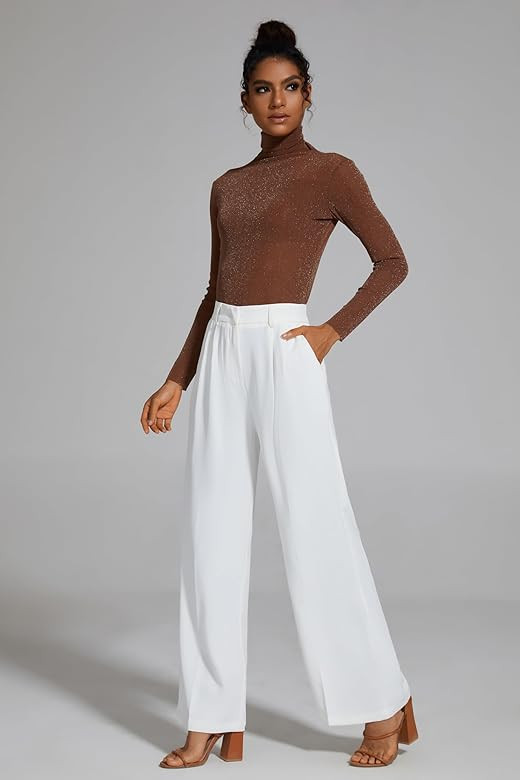 FUNYYZO Wide Leg Pants Women's High Elastic Waisted in The Back Business Work Trousers Long Strai... | Amazon (US)