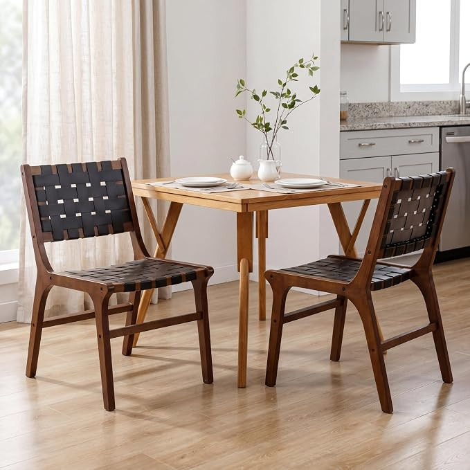 Woven Leather Dining Chairs Set of 2, Mid Century Modern Solid Wood Dining Room Chairs with Handw... | Amazon (US)