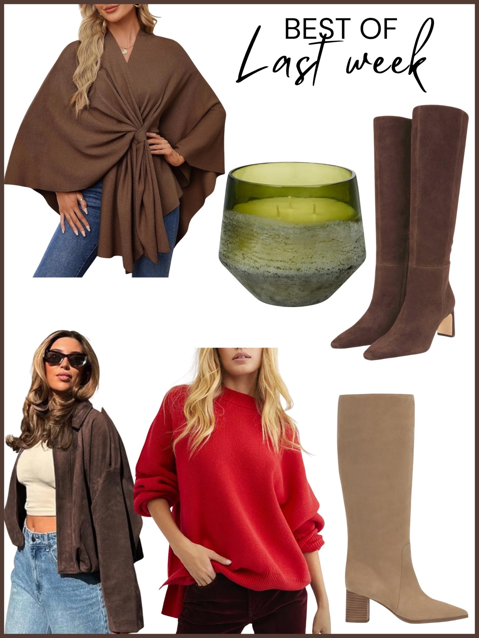 Fall boots, gifts for her, Amazon wrap sweater, balsam candle 

#LTKHoliday #LTKSaleAlert #LTKGiftGuide