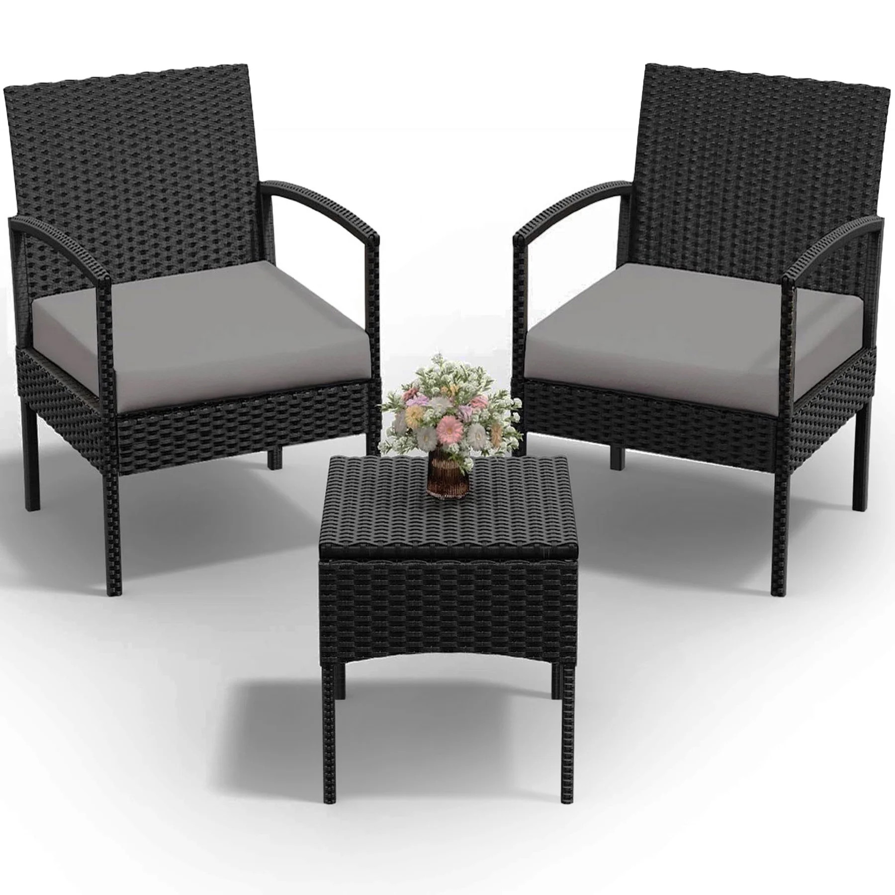 Outdoor Furniture 3 PCS Patio Wicker Rattan Furniture Set Patio Rattan Conversation Chair Set with Side Table and Cushions Modern Garden Furniture for Balcony Backyard Porch Garden Grey | Walmart (US)