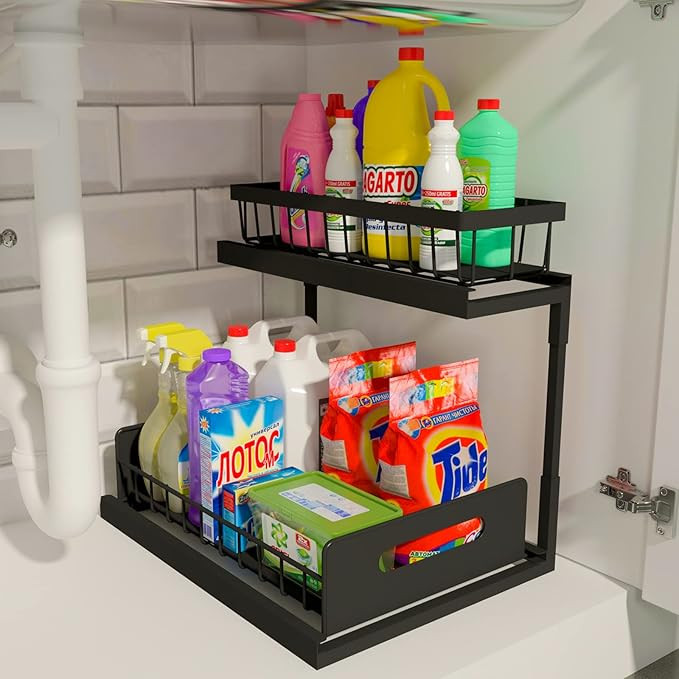 REALINN Under Sink Organizer, 2-Tier Pull Out Cabinet Organizer Under Kitchen Sink Organizer, Und... | Amazon (US)