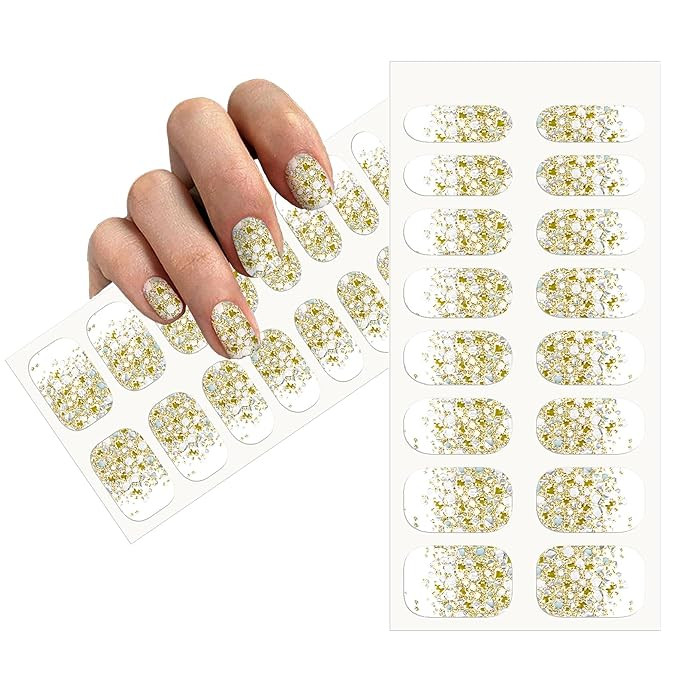 Self-Adhesive White Gold Full Nail Wraps Stickers with Holographic and Silver Color Dots | Bright... | Amazon (US)
