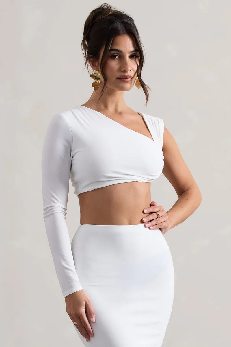 Agalia | White Ruched Asymmetric One-Sleeve Crop Top | Club L London