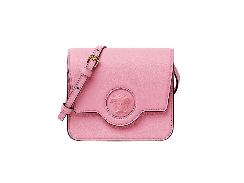 Versace La Medusa Logo Plaque Pink Pebbled Leather Crossbody Bag | JTV Jewelry