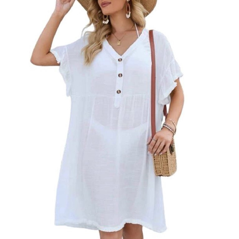 Bsubseach Women Beach Cover up Short Sleeve V Neck Swimsuit Cover Ups White Ruffled Cuffs Dress | Walmart (US)