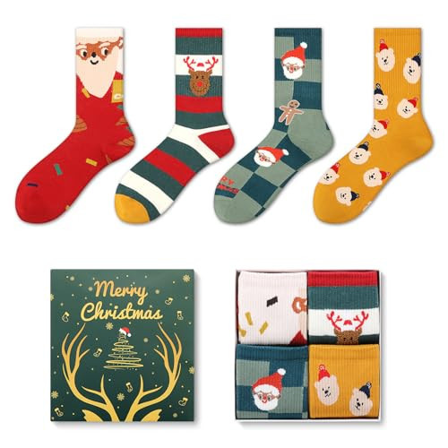 Sawnfay Christmas Socks for Women & Men - 4 Pairs Holiday Socks Gift Set, Mens Christmas Socks | Amazon (US)