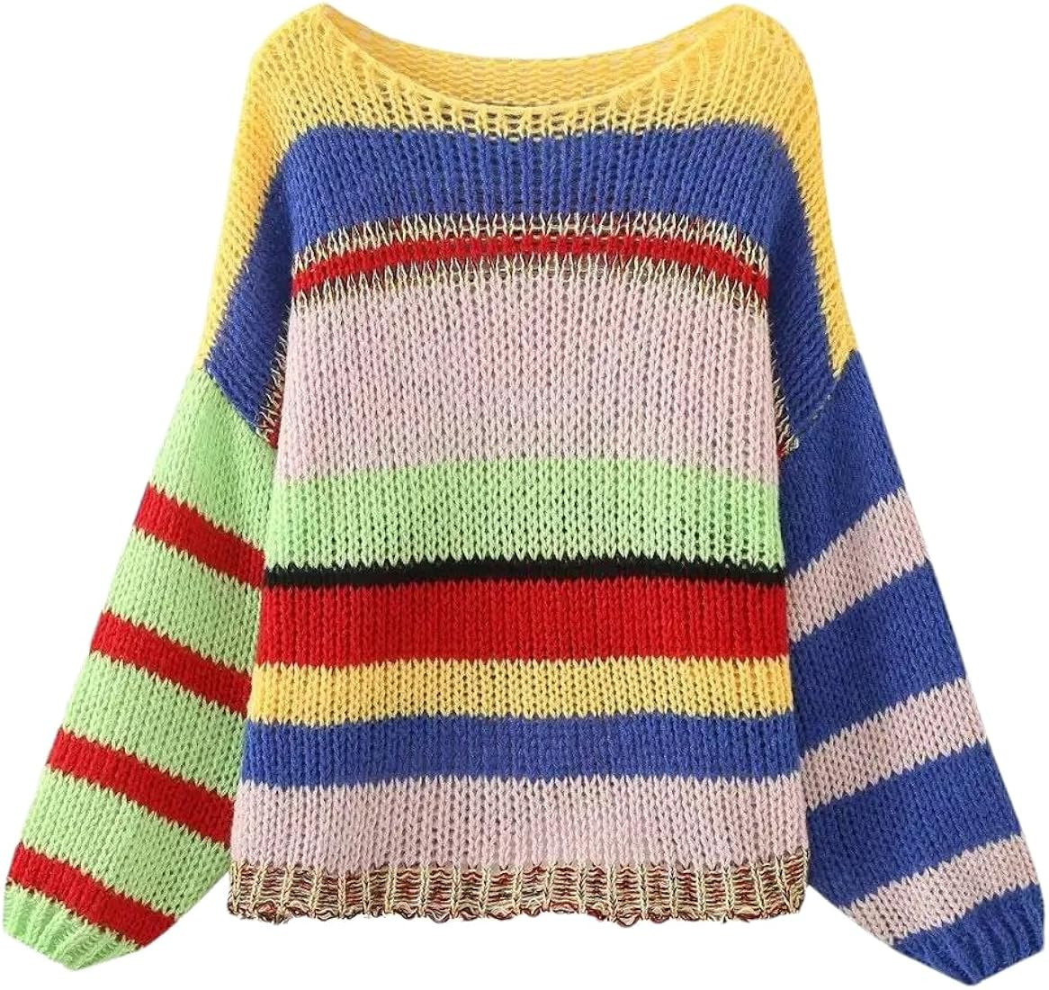 Womens Asymmetric Colorful Stripe Pullover Sweater Crew Neck Long Sleeve Knitted Tops | Amazon (US)