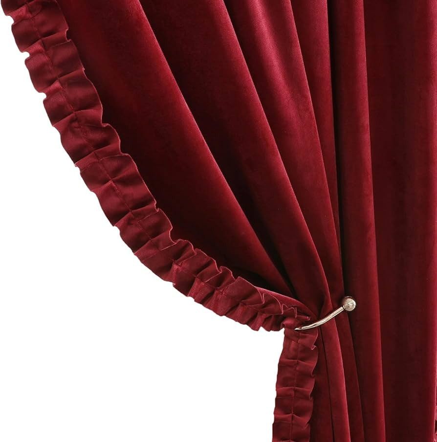 Burgundy Ruffle Velvet Curtains for Bedroom, Shabby Chic Ruffle Trim Velvet Curtains Blackout Dra... | Amazon (US)