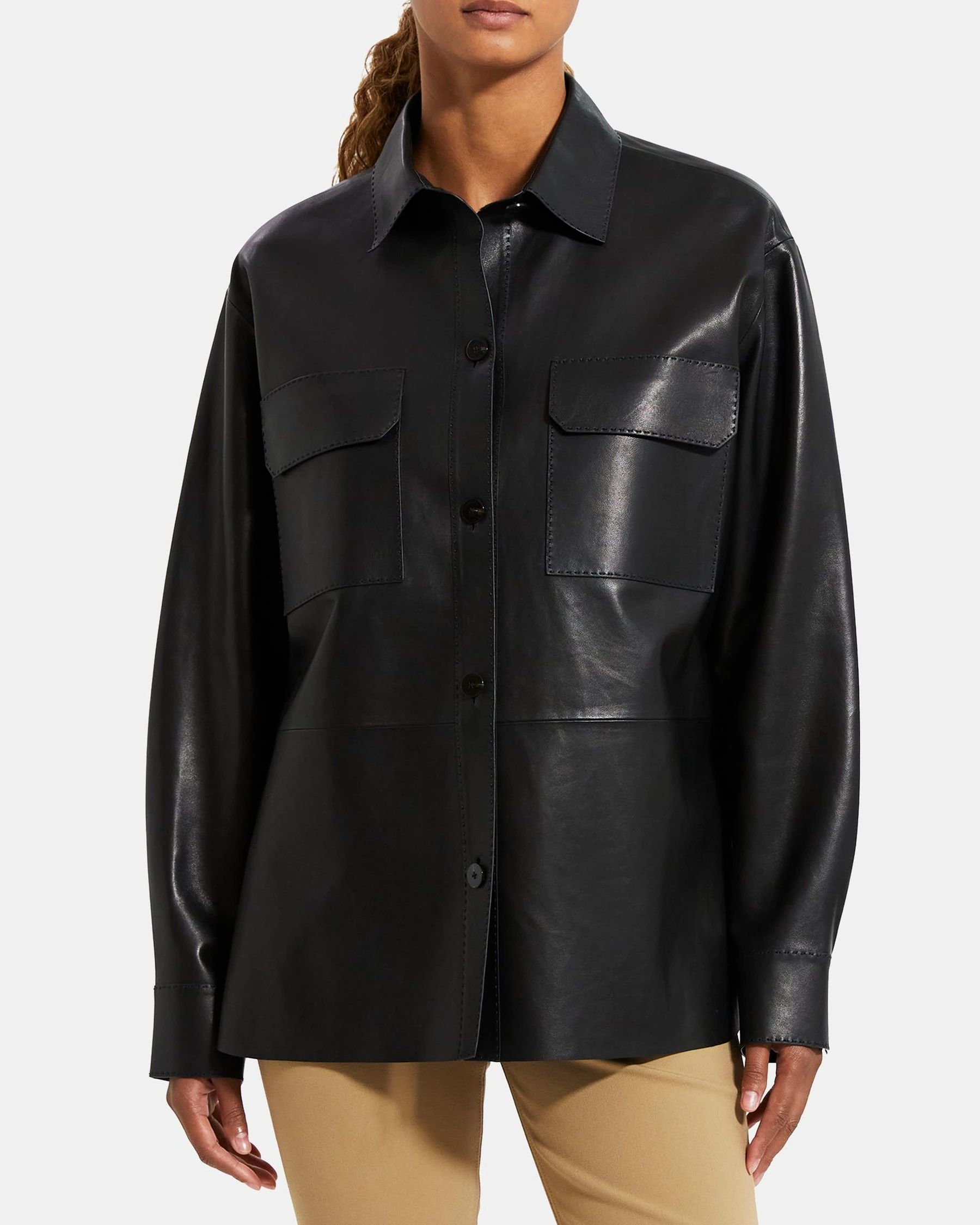 Patch Pocket Shirt Jacket in Smooth Leather | Theory UK