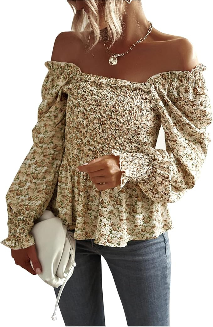 JBIBGYGEP Women's Plus Size Striped Off-Shoulder Long Sleeve Pleated Ruffle Tunic Top | Amazon (US)