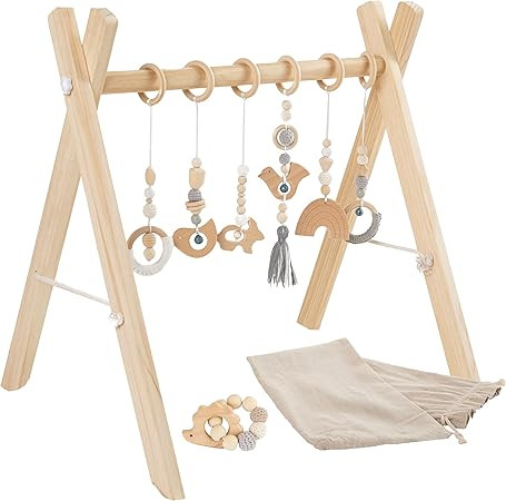Sleepy Spirits Wooden Baby Play Gym with 7 Toys - 6 Hanging Toys and 1 Teether Bracelet with Trav... | Amazon (US)
