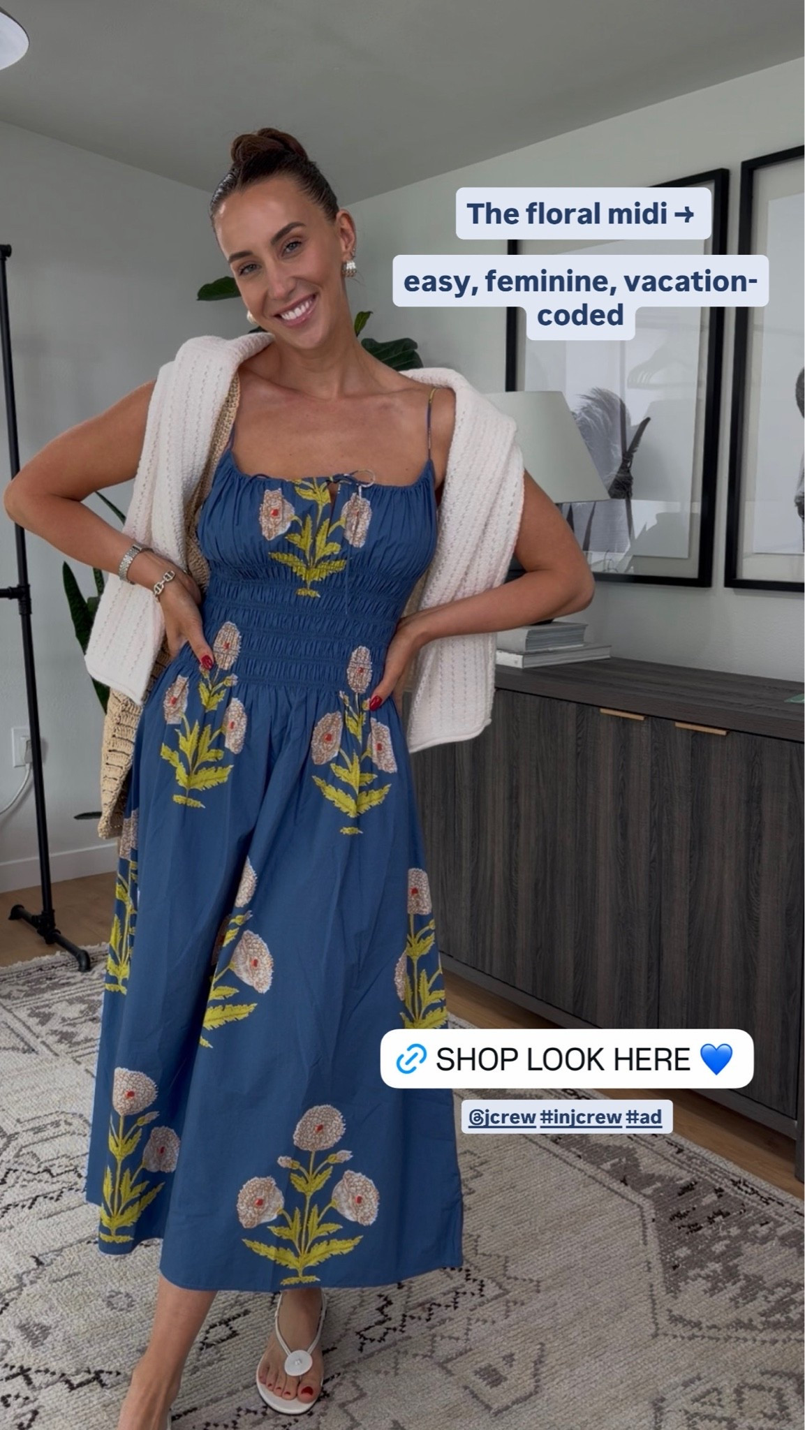 @jcrew  dress styled for summer 💙

A floral midi (size small)  with a woven tote and flat sandals — romantic and very vacation-coded #injcrew #ad

#LTKootd #LTKgrwm #LTKTravel