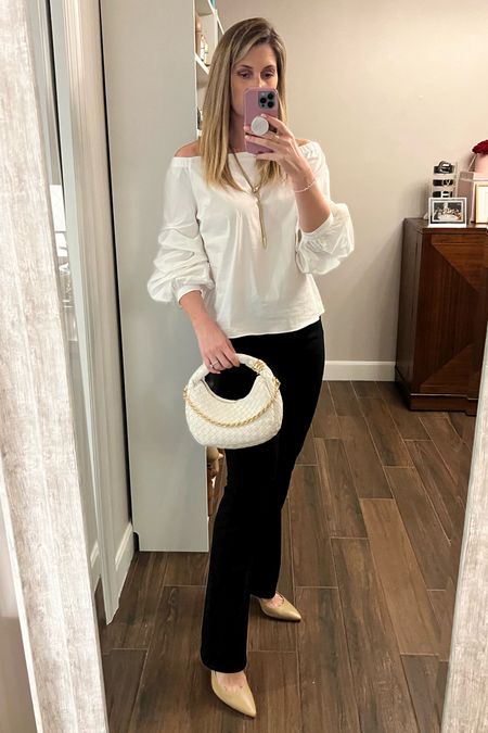 Loved this look for a dinner double date. The of the shoulder style stayed perfectly in place and the puff detail on the sleeve was just the right amount to add some flair. Plus it’s 25% off!

Runs TTS. Wearing a size small. 
Jeans run TTS. Wearing size 28.

#LTKsalealert