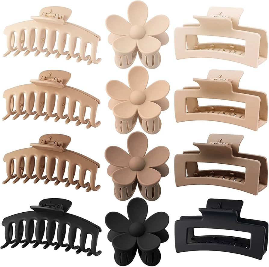 12 Pack Large Flower Matte Claw Clips 4.3 Inch Rectangle for Women Thin Thick Curly Hair, Banana ... | Amazon (US)