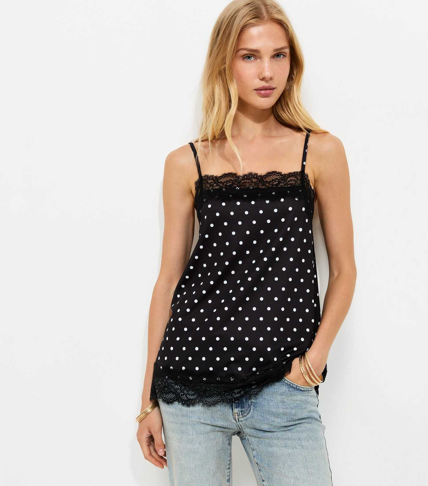 Black Polka Dot Lace Trim Cami Top | New Look | New Look (UK)