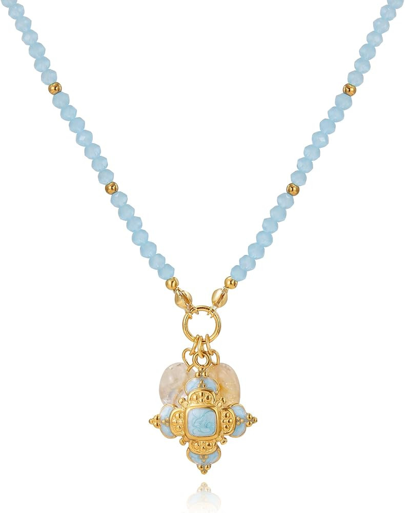 Light Blue/Pink Beaded Choker Necklace for Women, Stainless Steel Gold Tone Chain with Multi Ston... | Amazon (US)