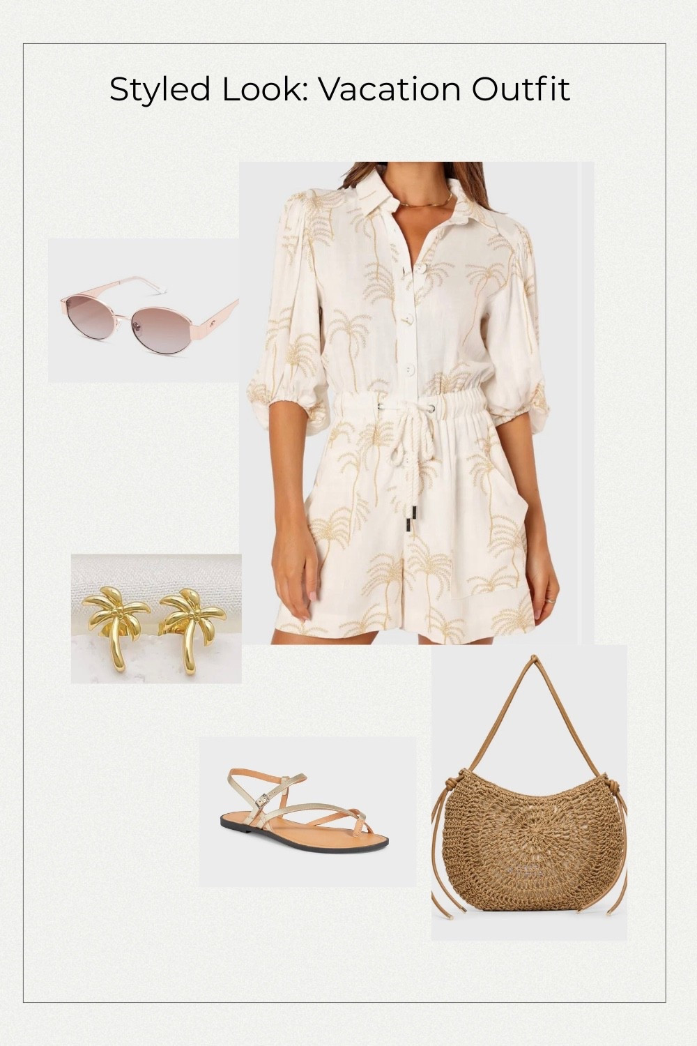 Vacation outfit idea for warm destinations ☀️
A lightweight palm print romper paired with gold accessories, simple sandals, and a woven straw bag for an effortless beach look.

#LTKFestival #LTKTravel #LTKootd