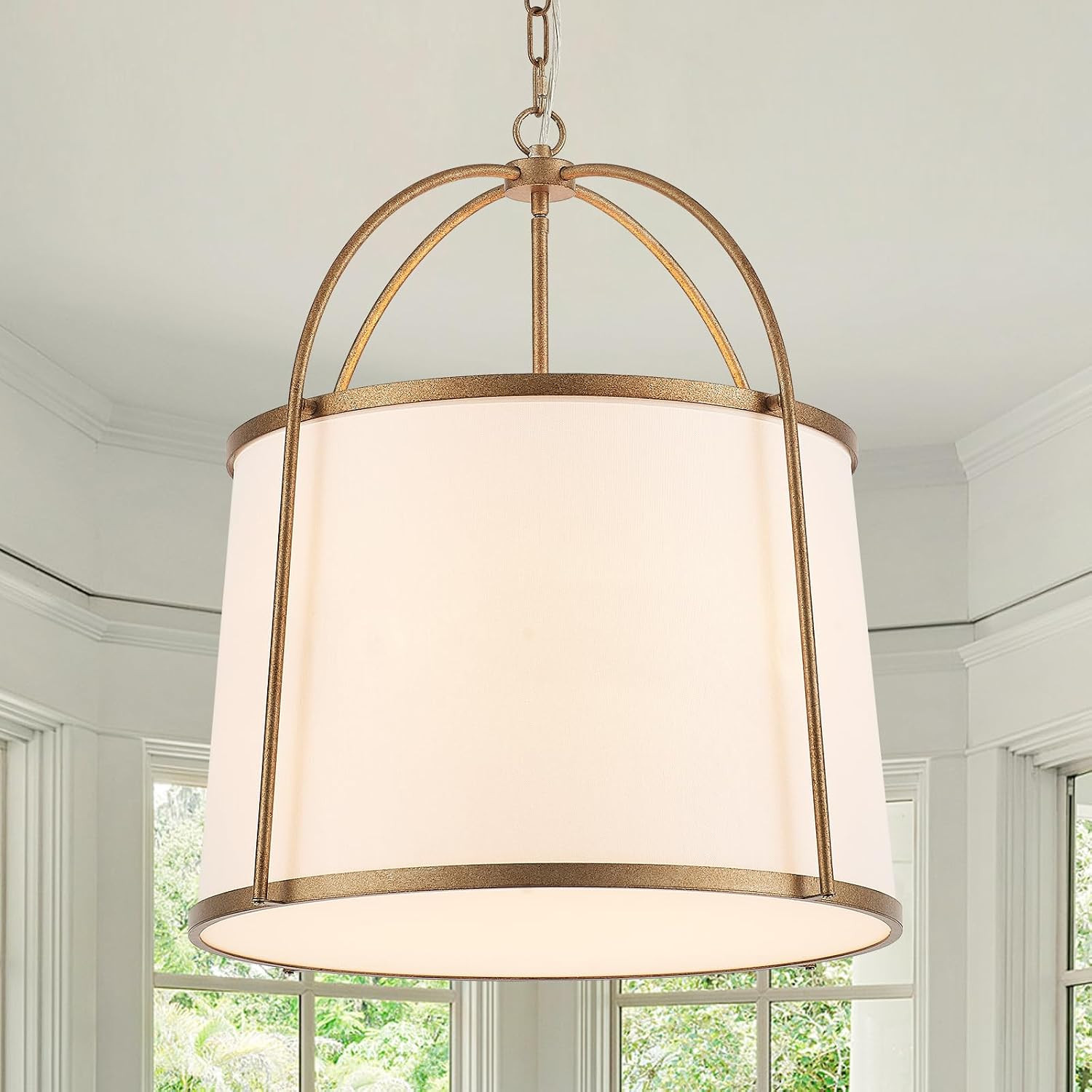 Rustic Modern Chandelier for Entryway, Dining Room Chandelier with Off-White Fabric Shade, Gold Pendant Light Fixture for Bedroom Kitchen Farmhouse | Amazon (US)