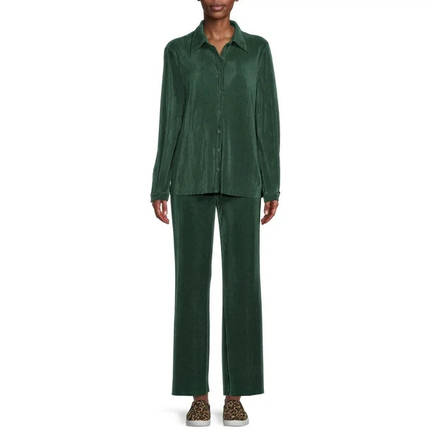 Nine.Eight Women's Crinkle Cut Shirt and Pull On Pants Matching Set, 2-Piece - Walmart.com | Walmart (US)