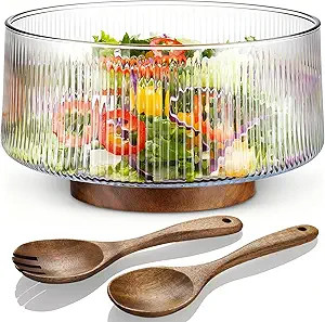 NiHome Extra Large Glass Salad Bowl with Natural Acacia Wood Base & Wooden Serving Utensils for F... | Amazon (US)