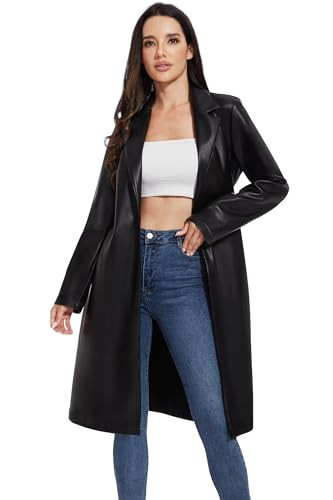 Fahsyee Women's Faux Leather Trench Coat, Motorcycle Jackets PU Moto Biker Outwear Fitted Slim Jacket Black Size S | Amazon (US)