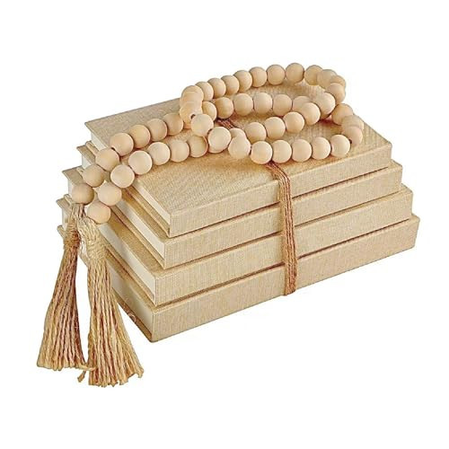 Linen Covered Decorative Books 4 Pieces, Neutral Home Decor Coffee Table Books with Wooden Beaded Tassel, Stacked Books for Rustic Farmhouse Modern, Boho, Bookshelf, Fireplace Mantel Décor, Beige | Amazon (US)
