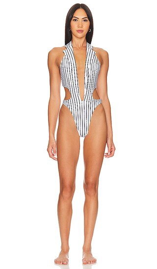 Portia Swimsuit in White & Black Pinstripe | Revolve Clothing (Global)