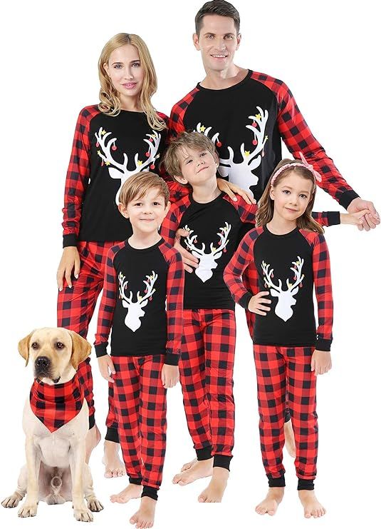 Christmas Matching Family Pajamas Women Men Plaid Deer Cotton Pjs Elk Clothes Sleepwear | Amazon (US)