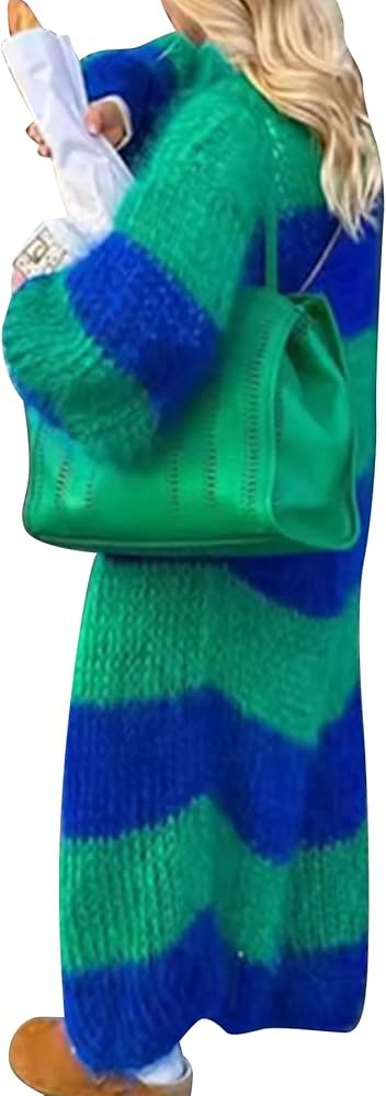 Womens Color Block Striped Long Cardigan Sweaters Open Front Fuzzy Chunky Cardigans Casual Loose ... | Amazon (US)