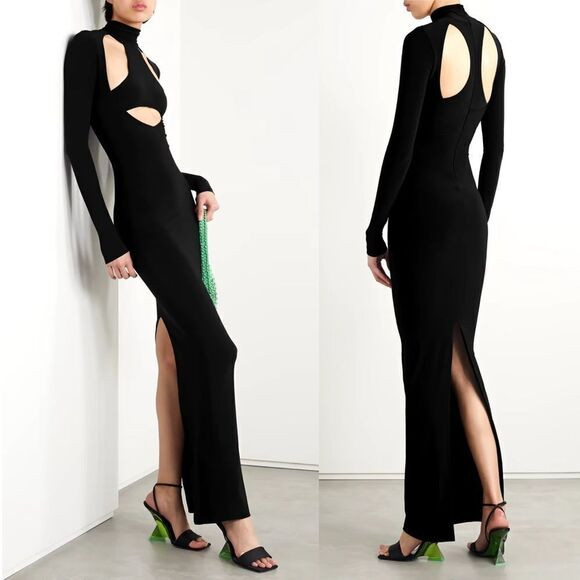 LAQUAN SMITH Size XS NWT Cutout Stretch Jersey Turtleneck Gown Maxi Dress Black | Poshmark