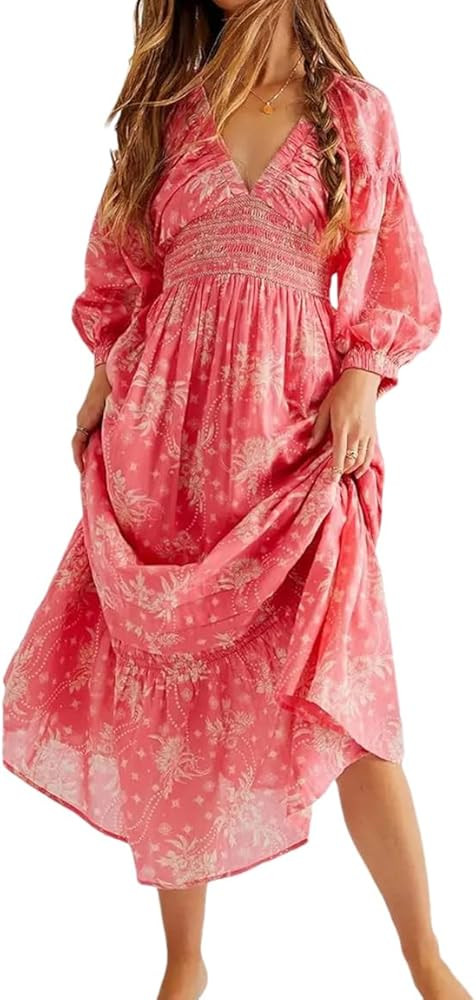 REHJJDFD Women's Printing Dress Deep V Neck Bohemian Dress Loose Fit Vacation Vestidos | Amazon (US)