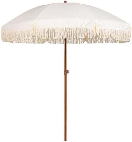 AMMSUN 7ft Patio Umbrella with Fringe Outdoor Tassel Umbrella UPF50+ Wood Color Steel Pole and St... | Amazon (US)