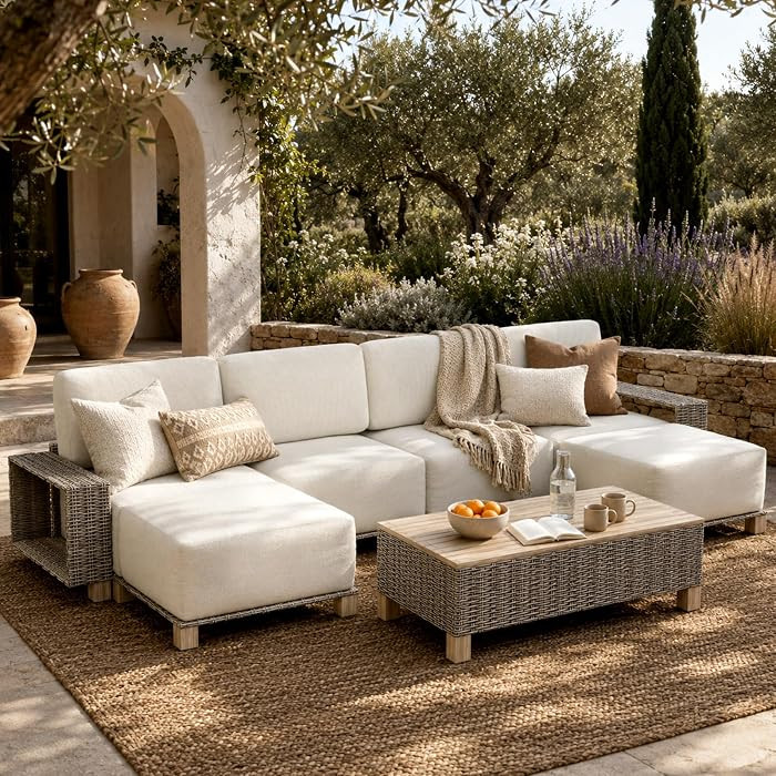 Aoxun Patio Furniture Set with 10'' Thick Cushions (7 Piece-U, Gray/Cream) | Amazon (US)