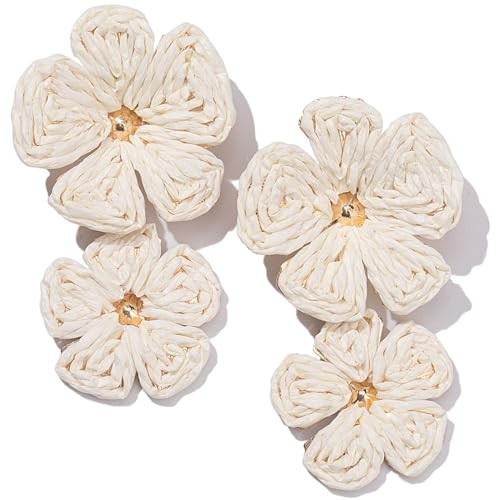 White Boho Raffia Flower Dangle Drop Earrings Statement Summer Jewelry | Amazon (US)