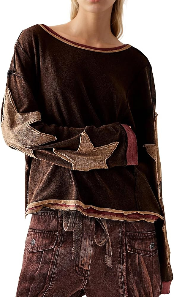 Women Oversized Cotton Long Sleeve Shirts Star Crewneck Pullover Y2K Top 2025 Fall Winter Fashion... | Amazon (US)