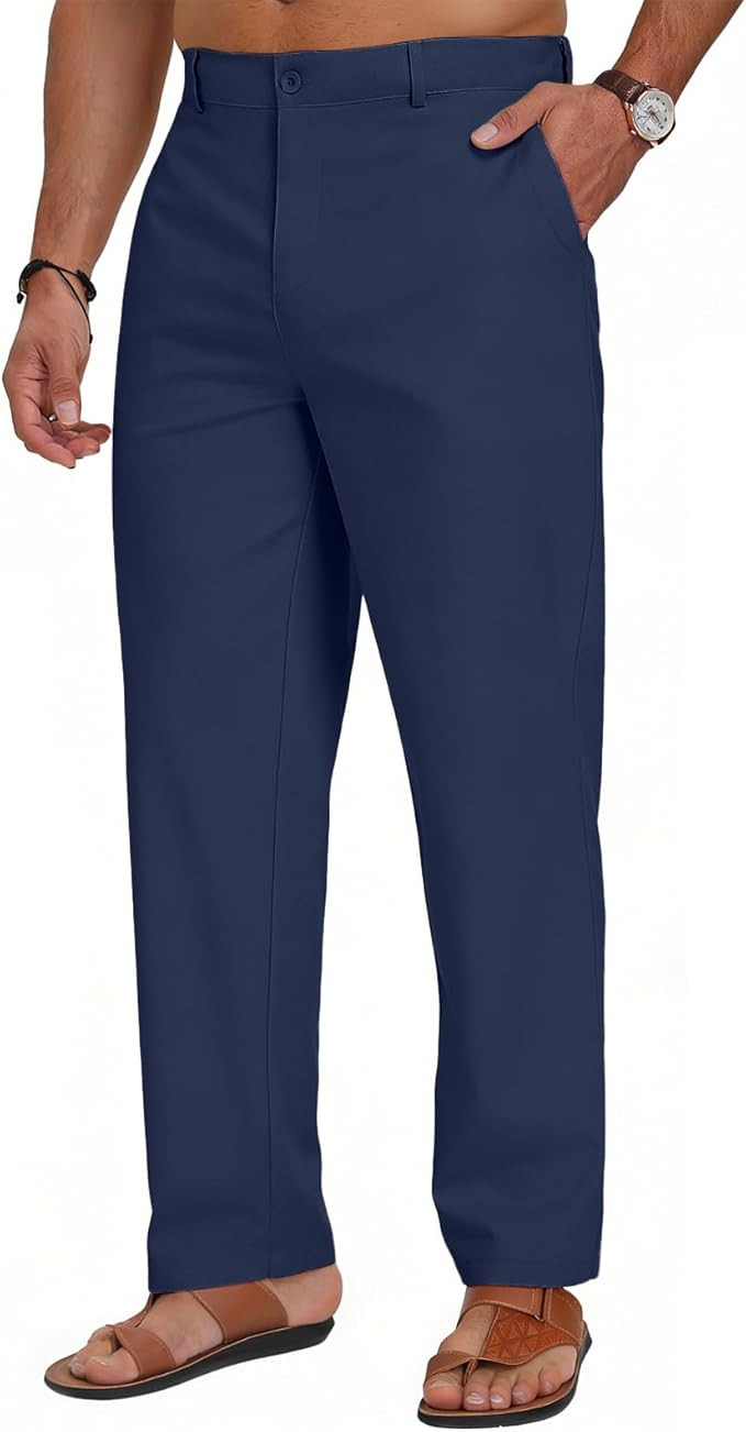 Puimentiua Mens Cotton Linen Pants Business Casual Mens Dress Pants Summer Beach Loose Relaxed Fi... | Amazon (US)