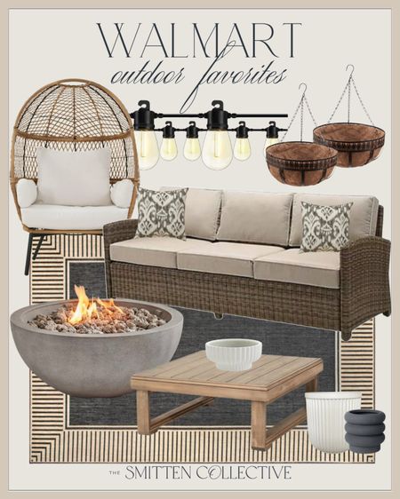 Walmart outdoor favorites include concrete fire pit, outdoor coffee table, fluted bowl, fluted planter, black planter, egg chair, outdoor rug, outdoor sofa, string lights, and hanging baskets.

Home decor, outdoor decor, outdoor home decor, outdoor furniture, outdoor entertainment 

#LTKhome #LTKstyletip #LTKfindsunder100