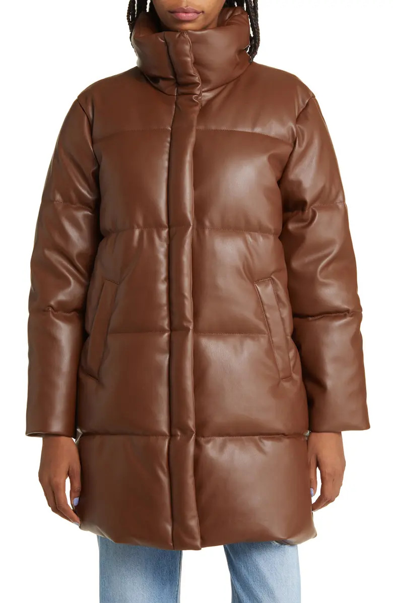 Water Resistant Faux Leather Long Puffer Coat | Nordstrom